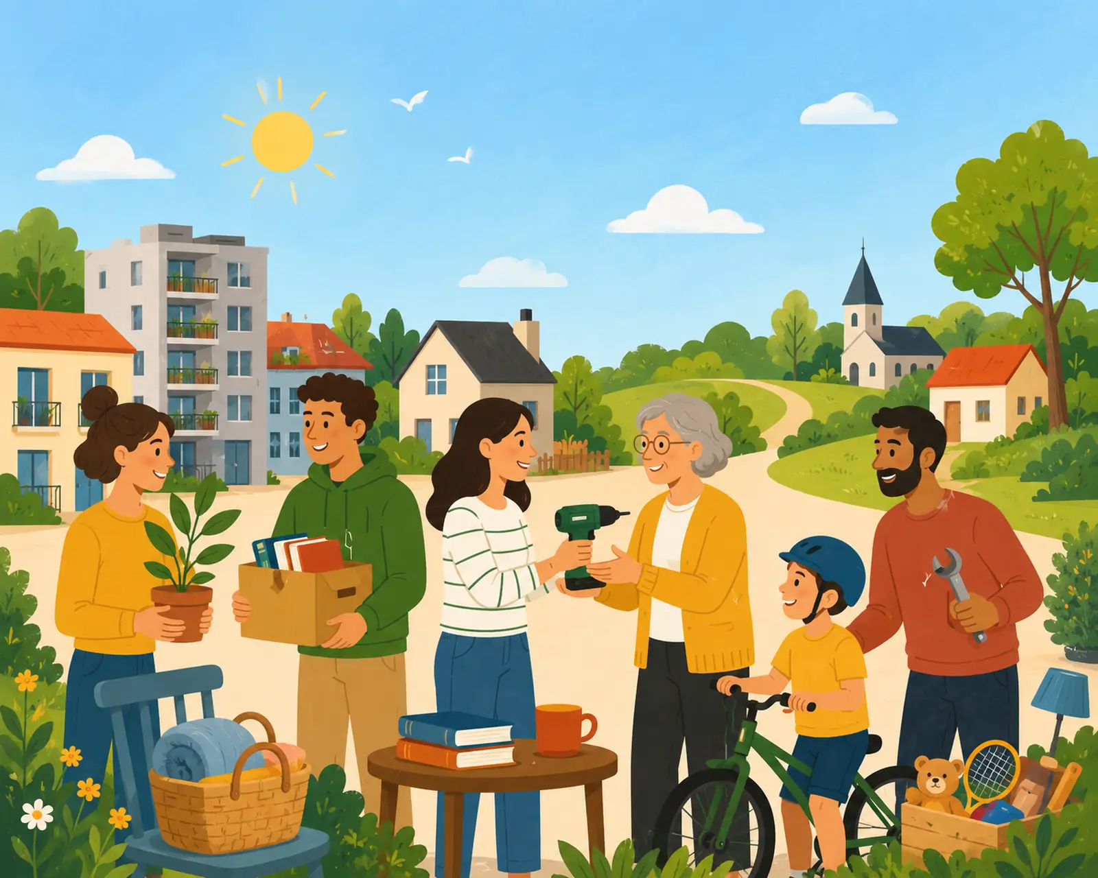 Des voisins se prêtent une perceuse, une plante et des livres, entre immeubles, maisons et clocher de village